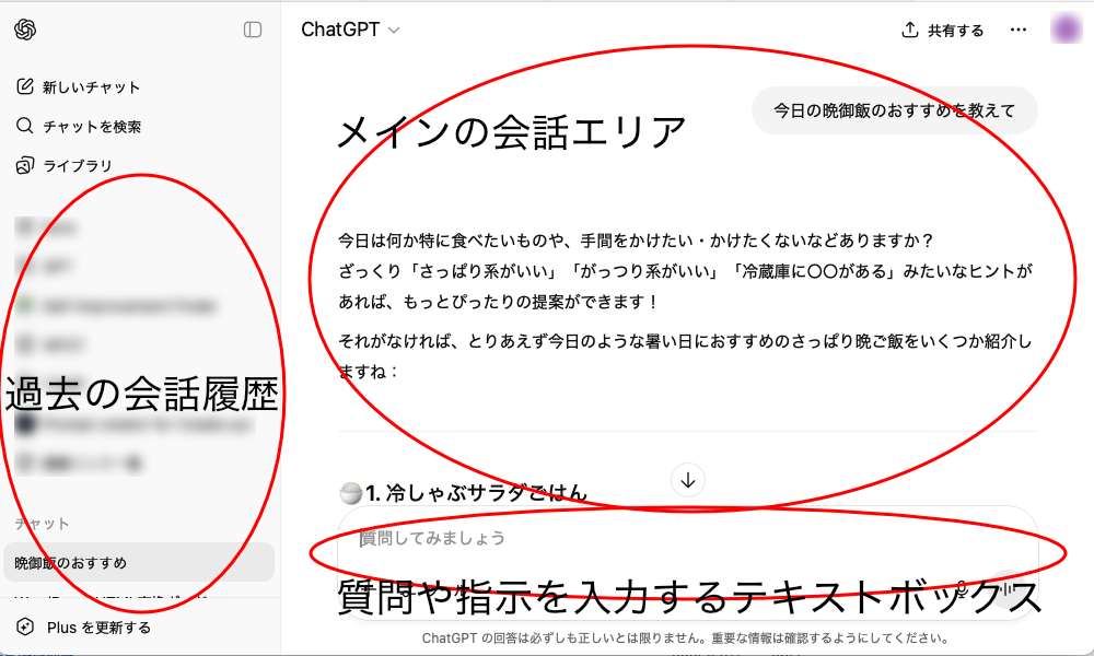 ChatGPTの基本画面（左側に会話履歴、中央にチャット、下部に入力欄）